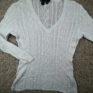 Lauren Ralph Lauren Linen Women’s Sweater Ivory Petite Medium Open Knit V Neck